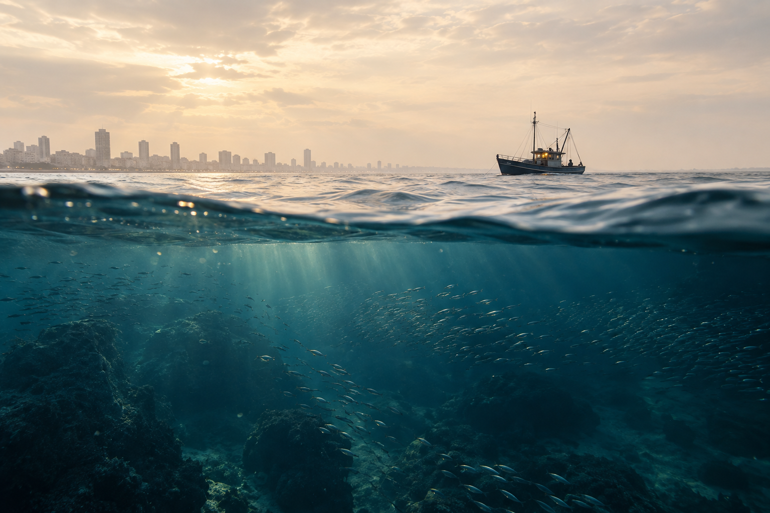Лодка в Средиземном море у Тель-Авива, косяки рыб под поверхностью